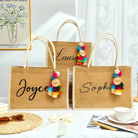 Personalized Woven Linen Tote Bag with Tassel Charm