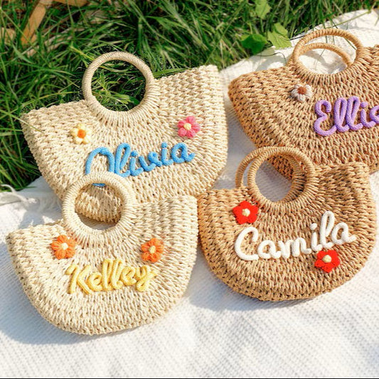 Personalized Handwoven Straw Basket with Embroidered Name